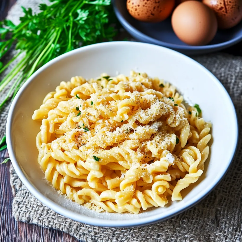Ein weißer Teller mit Pasta, Eiern und Kräutern.