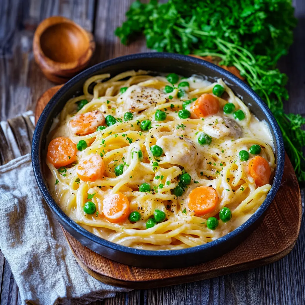 Ein Schälchen mit Pasta, Karotten, Peas und Zwiebeln auf einem Tisch.