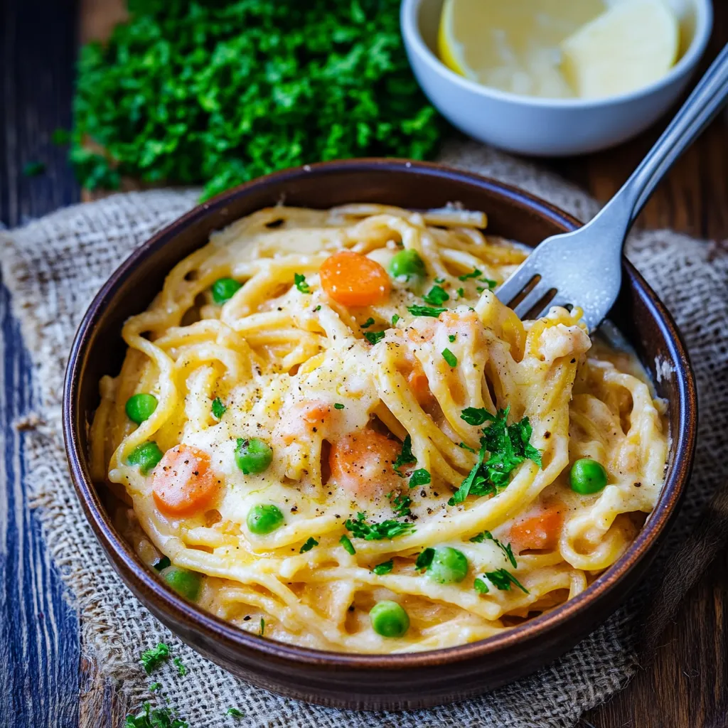 Ein Schälchen mit Pasta, Peas, Butter und Käse auf einem Tisch.