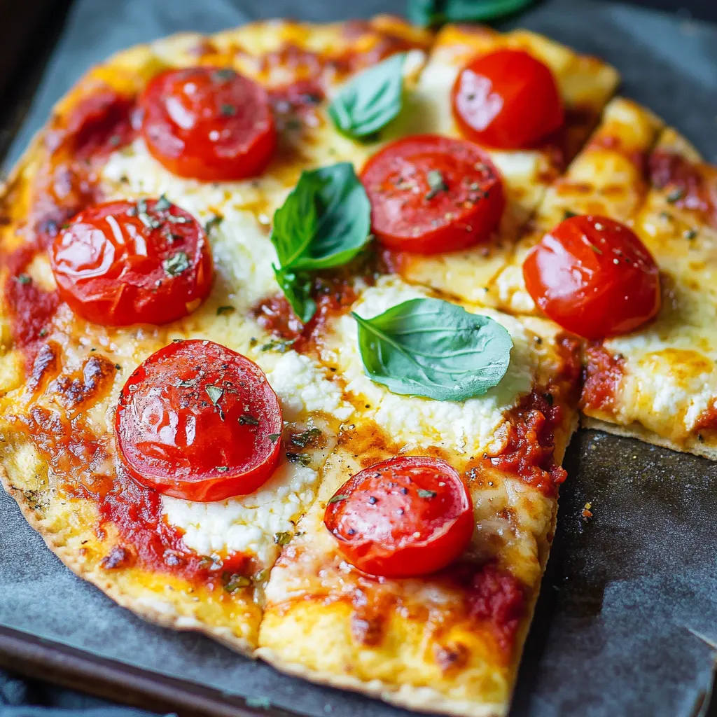 Eine Pizza mit Tomaten, Basilikum und Mozzarella auf einem Teller.