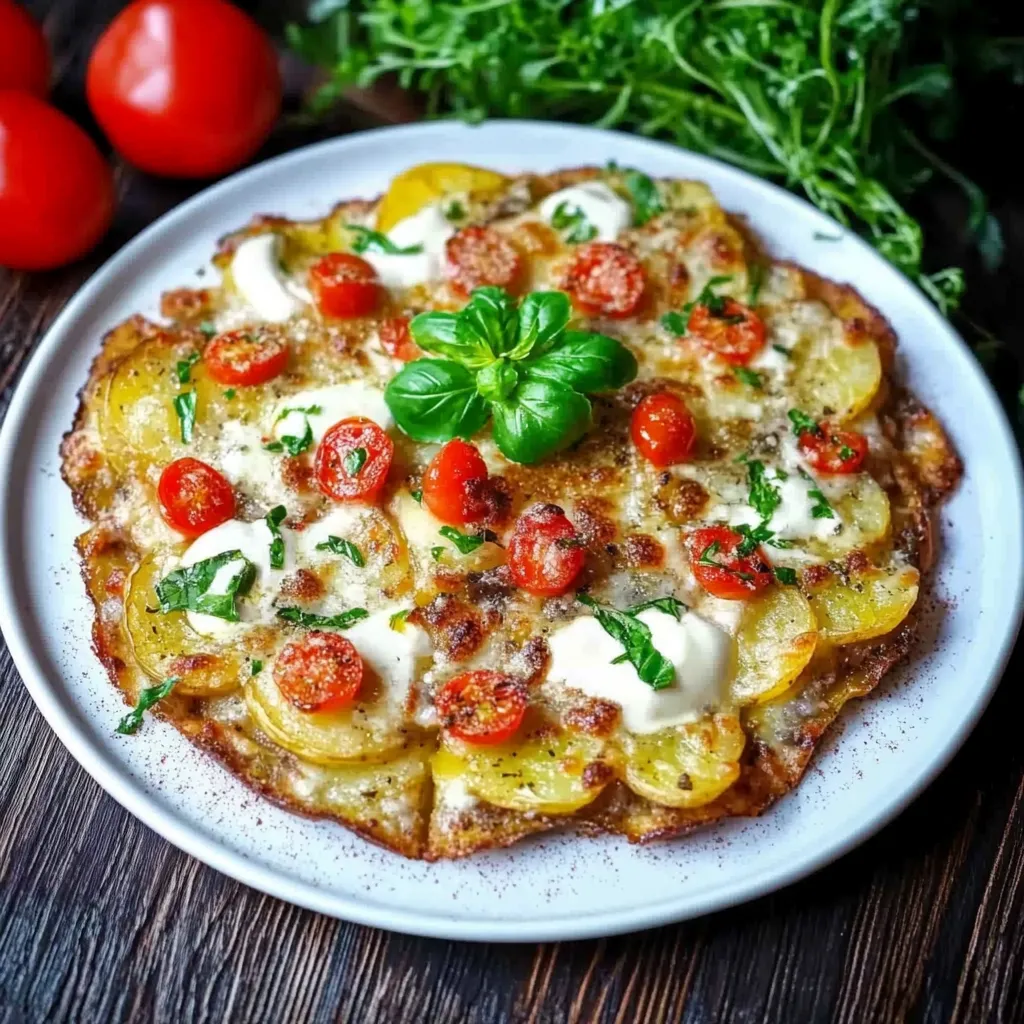 Eine pizza mit grünem Basilikum auf einem weißen Teller.