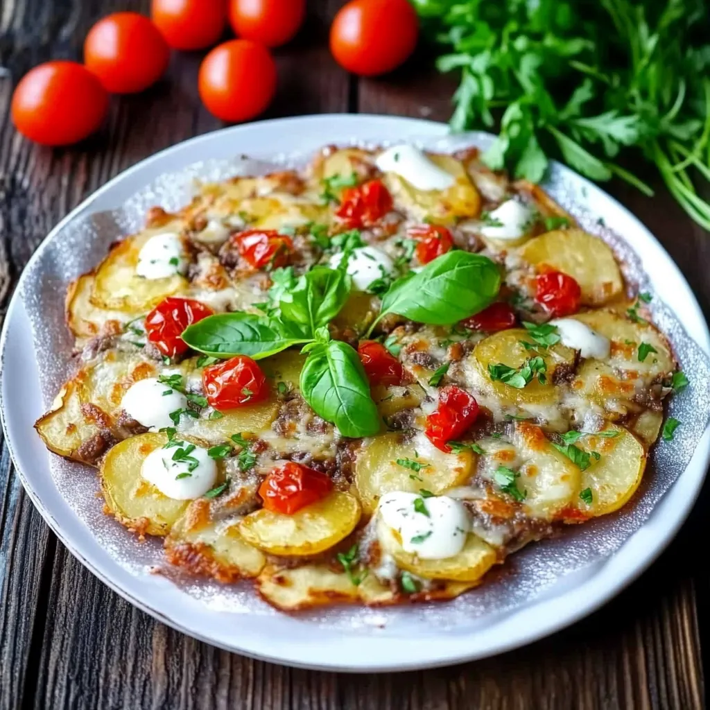 Eine Platte mit einer Pizza, die mit Tomaten, Basilikum und Mozzarella belegt ist.