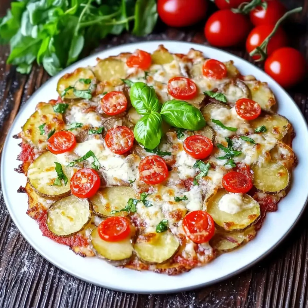 Eine Pizza mit Tomaten, Basilikum und Zwiebeln auf einem weißen Plate.