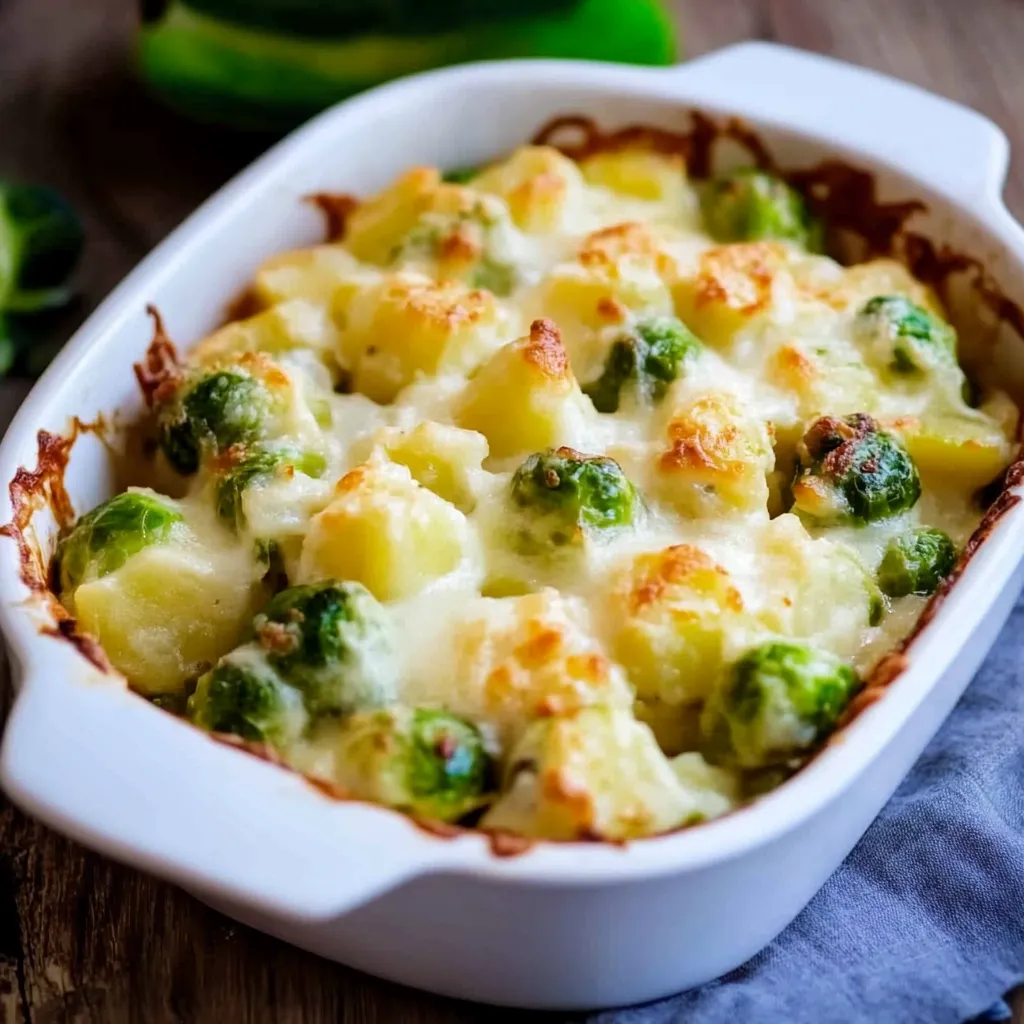 Ein weißer Teller mit einer Mischung aus Kartoffeln, Broccoli und Zwiebeln.