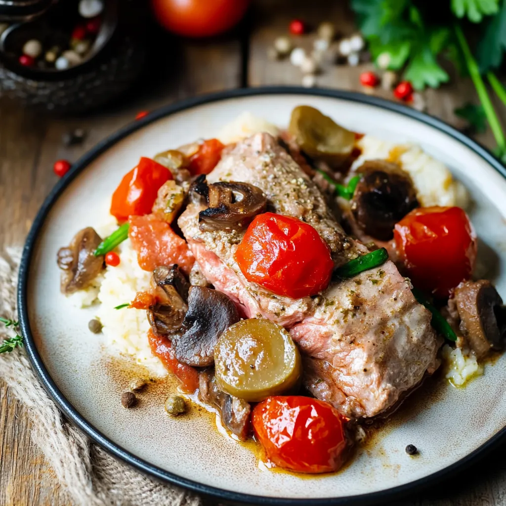 Ein Plate mit gegrilltem Fleisch, Tomaten, Zwiebeln und Oliven.