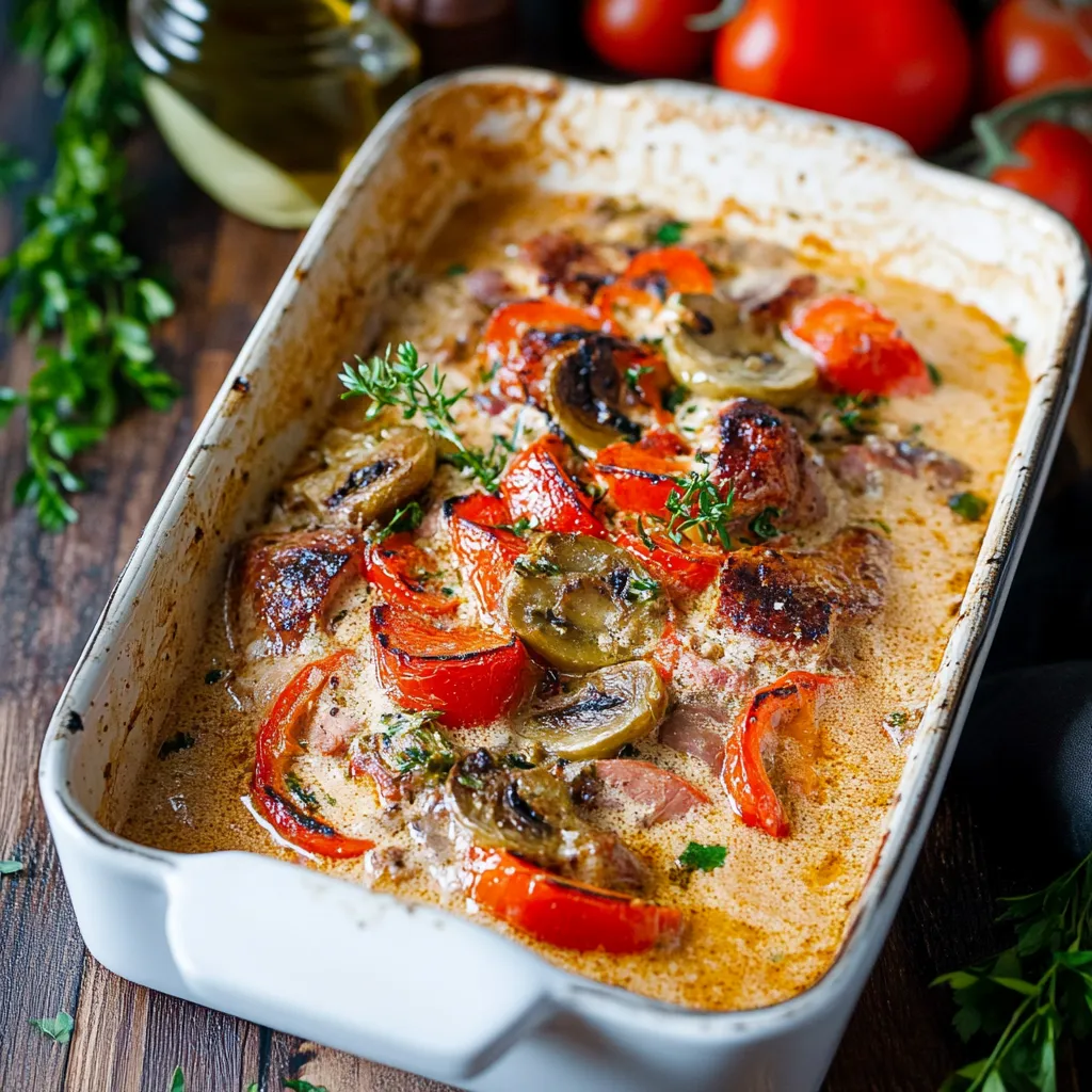 Ein weißer Teller mit einer Mischung aus Fleisch, Tomaten, Zwiebeln und Knoblauch.