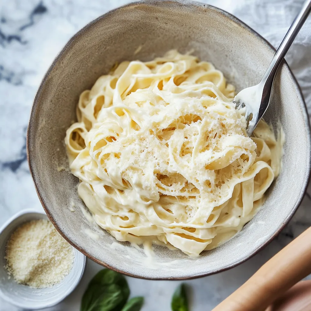 Ein Schalen mit Pasta und Käse.