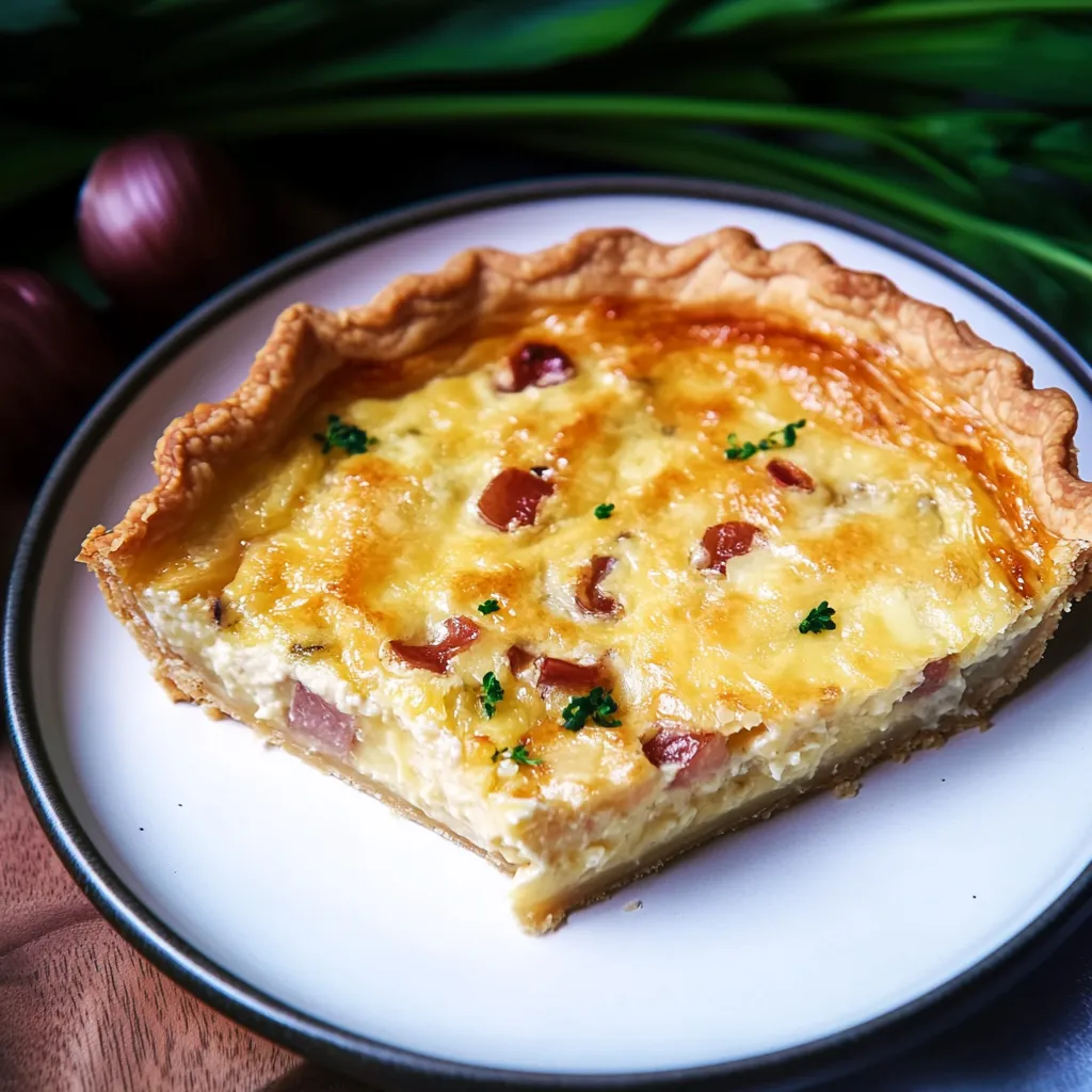 Ein Stück Käsekuchen mit Zwiebeln und Baumwolle auf einem weißen Teller.