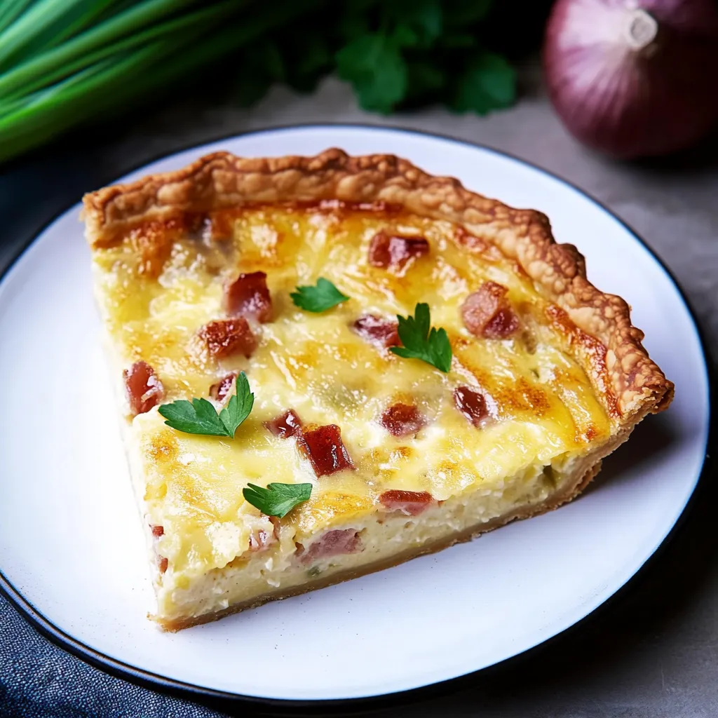 Ein Stück Käsekuchen mit Bacon und Zwiebeln auf einem weißen Teller.