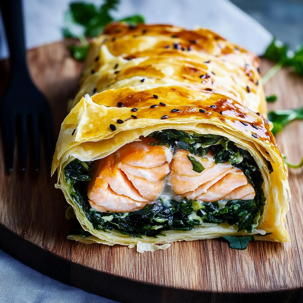 Ein Sandwich mit Salat und Fisch auf einem Holzblock.
