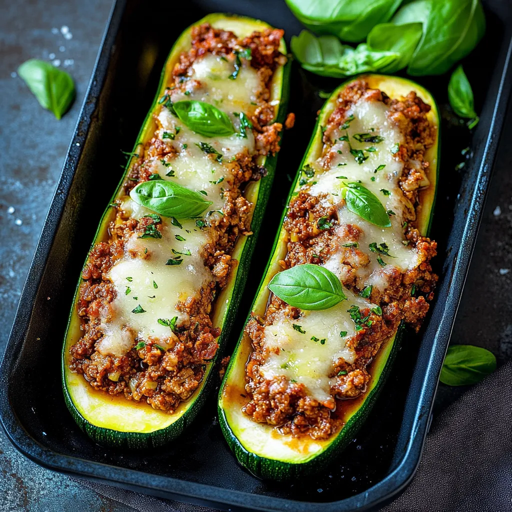 Zwei Zucchini mit Rindfleisch und Spinat in einem Schälchen.