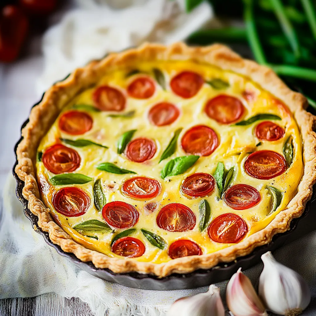 Ein Quarkkuchen mit Zwiebeln und Tomaten.