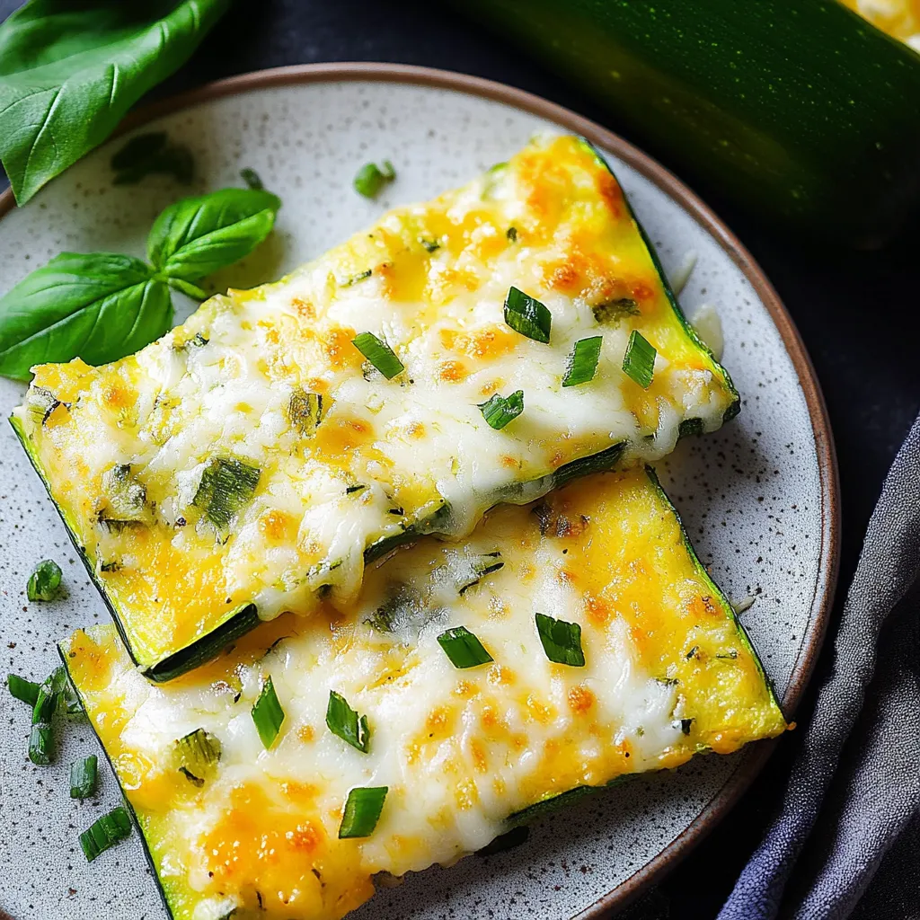 Eine Platte mit zwei Scheiben Zucchini, die mit Käse und Basilikum garniert sind.