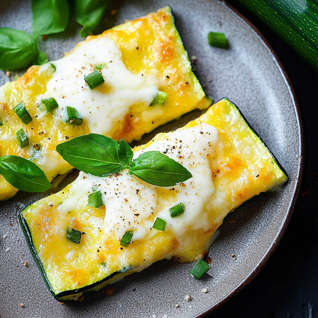 Eine Platte mit zwei Zucchini-Streifen, die mit Mayonnaise und Kräutern garniert sind.