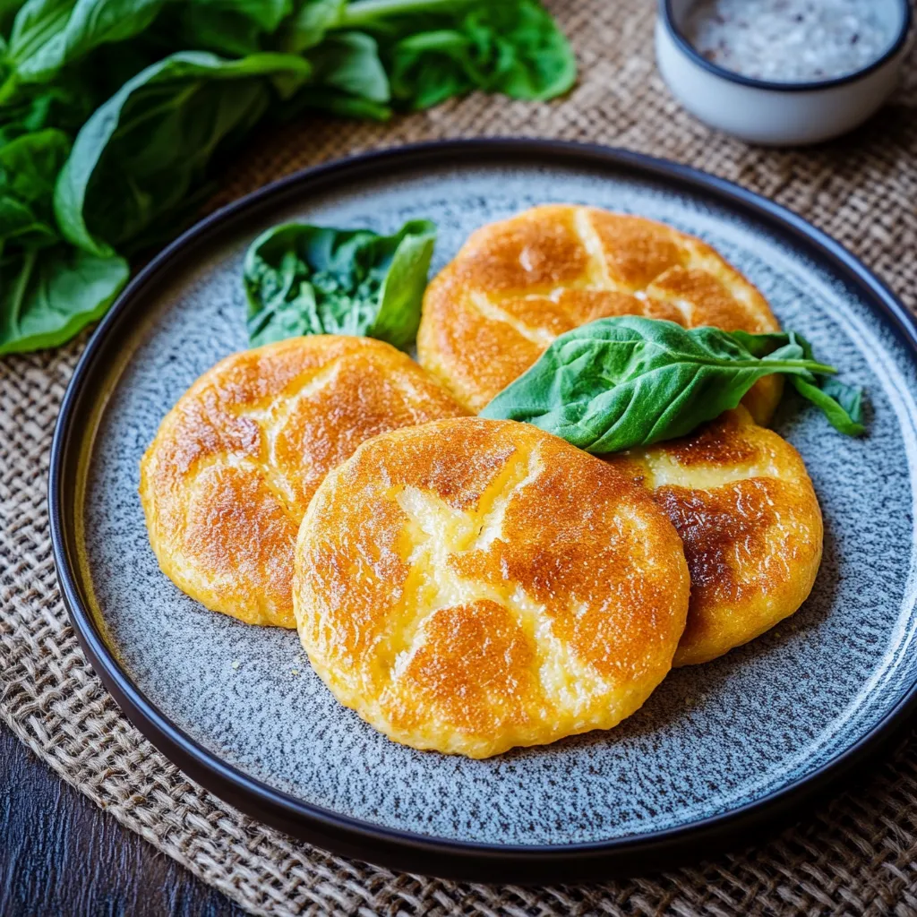 Ein Plate mit drei quadratischen, gebackenen, leicht gebräunten, gebräunten und gebräunten Pancakes, die mit Blattspinat garniert sind.