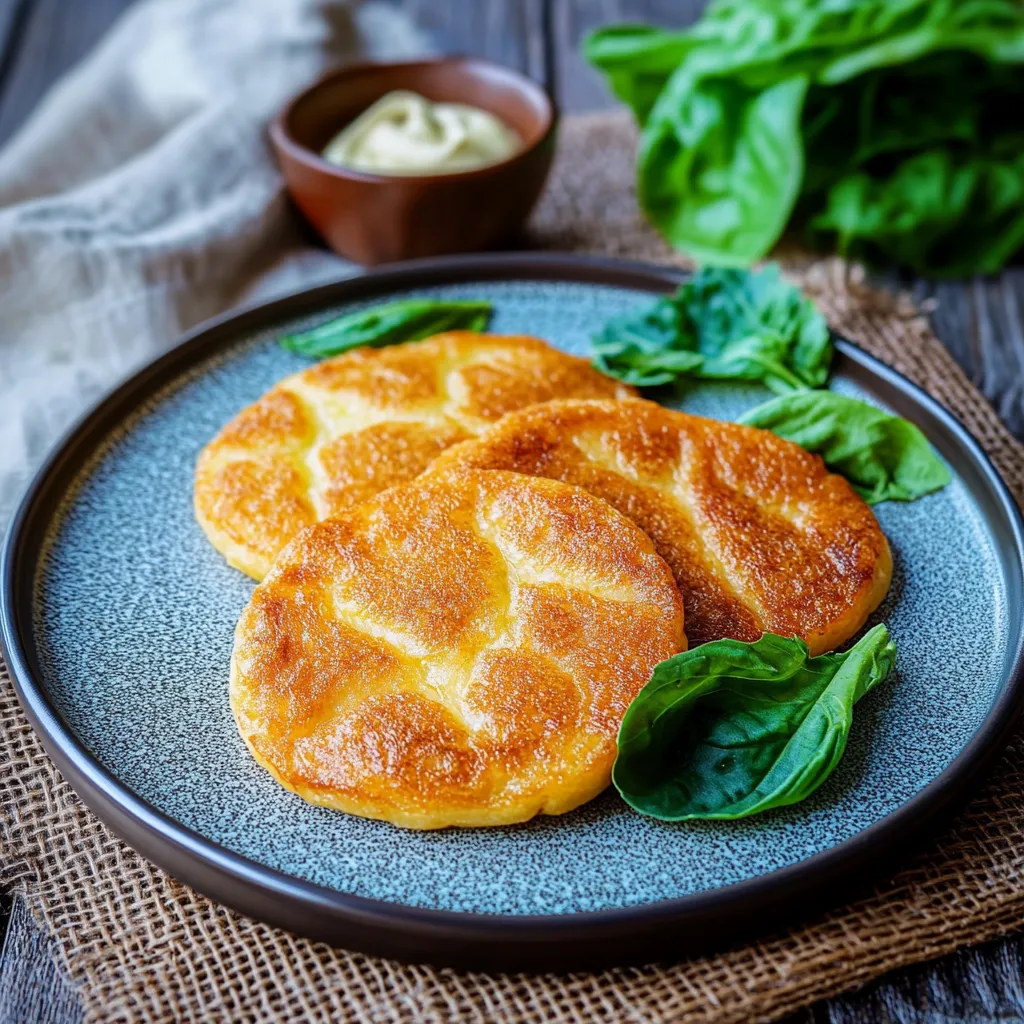 Ein Plate mit zwei Brötchen, die mit Spinat garniert sind.
