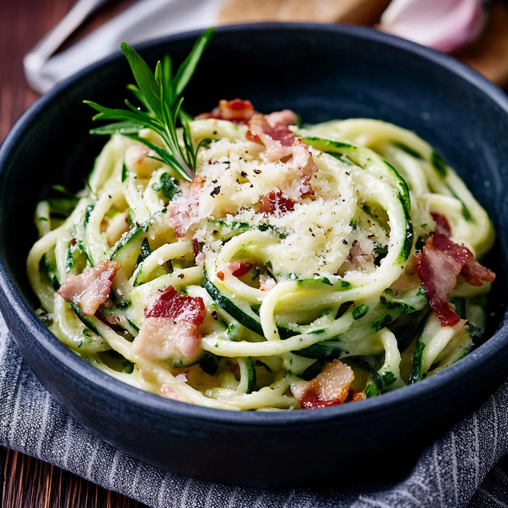 Ein Schälchen mit Zucchini, Bacon und Parmesan.
