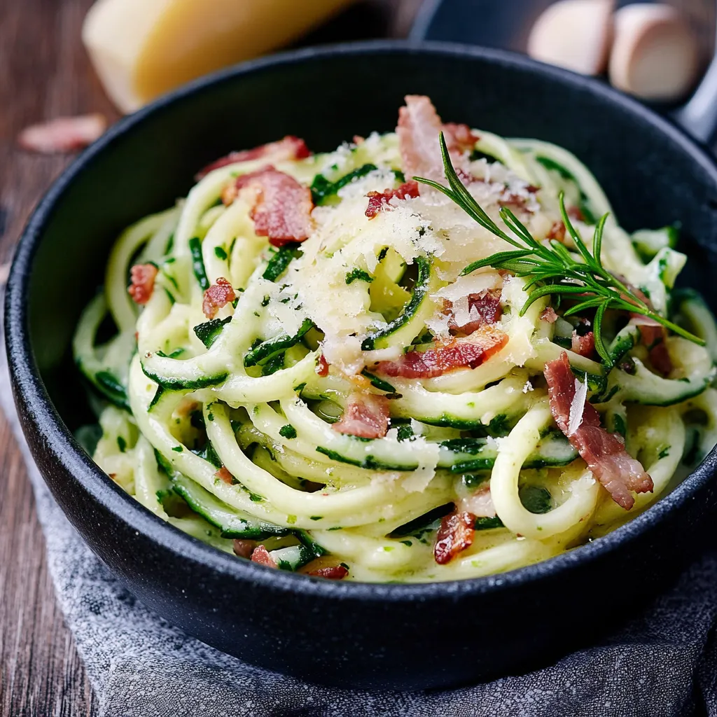 Ein Schälchen mit Zucchini, Bacon und Parmesan.