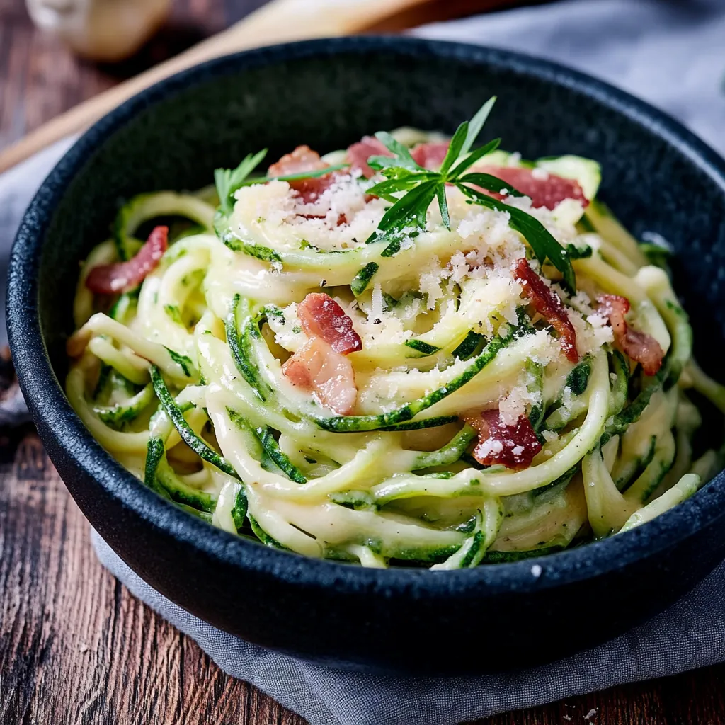 Ein schwarzes, mit Zucchini und Bacon gefülltes, glasfaserartiges Gericht in einem schwarzen Behälter.