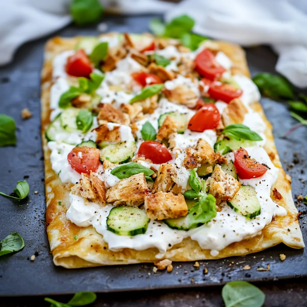 Eine prägnante Bildbeschreibung auf Deutsch lautet: "Ein gegrilltes Gemüse-Streusel mit Zwiebeln, Tomaten, Basilikum und Käse auf einem Teller.