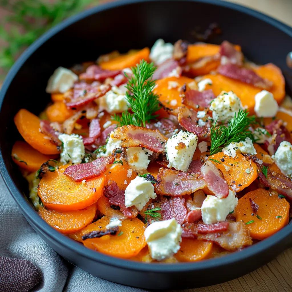 Ein schwarzes Becken mit einer Mischung aus Bacon, Feta-Käse, Karotten und anderen Gemüse.