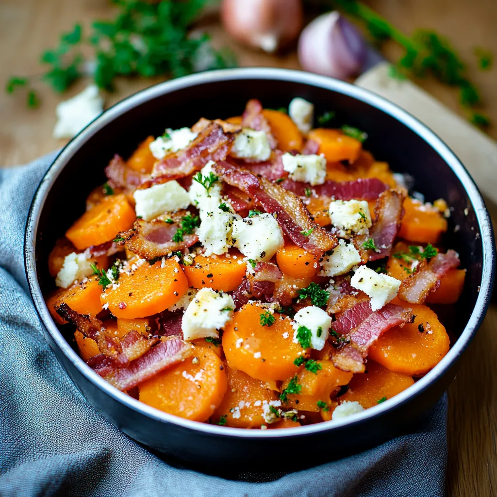 Ein Schmelztopf mit Bacon, Feta und Karotten.