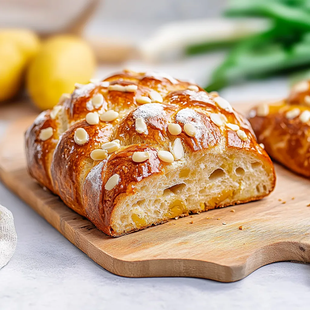 Ein Baguette mit Butter und Mandeln auf einem Holzbrett.