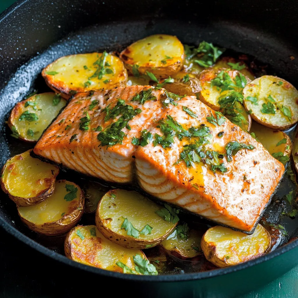 Ein Fischstück mit grünen Zutaten in einem Topf.