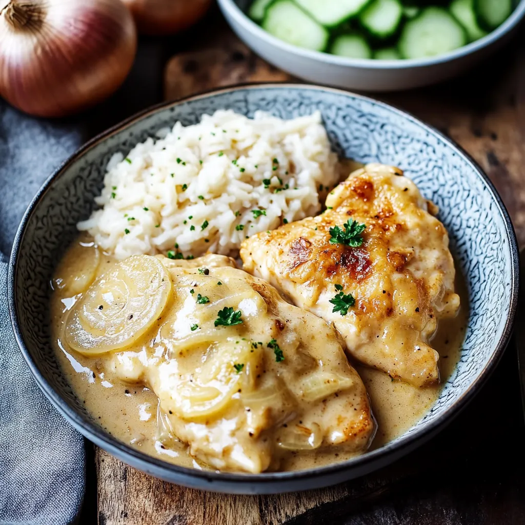 Ein Schüssel mit Rice, Zwiebeln, Käse und Chicken.