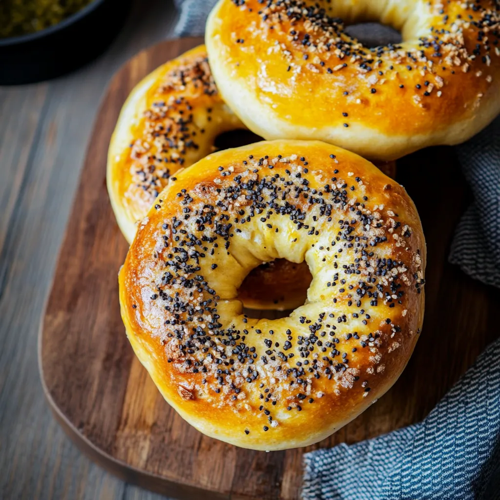 Zwei weiße, mit Sesamkörnern besprenkelte Bagels auf einem Holzblock.