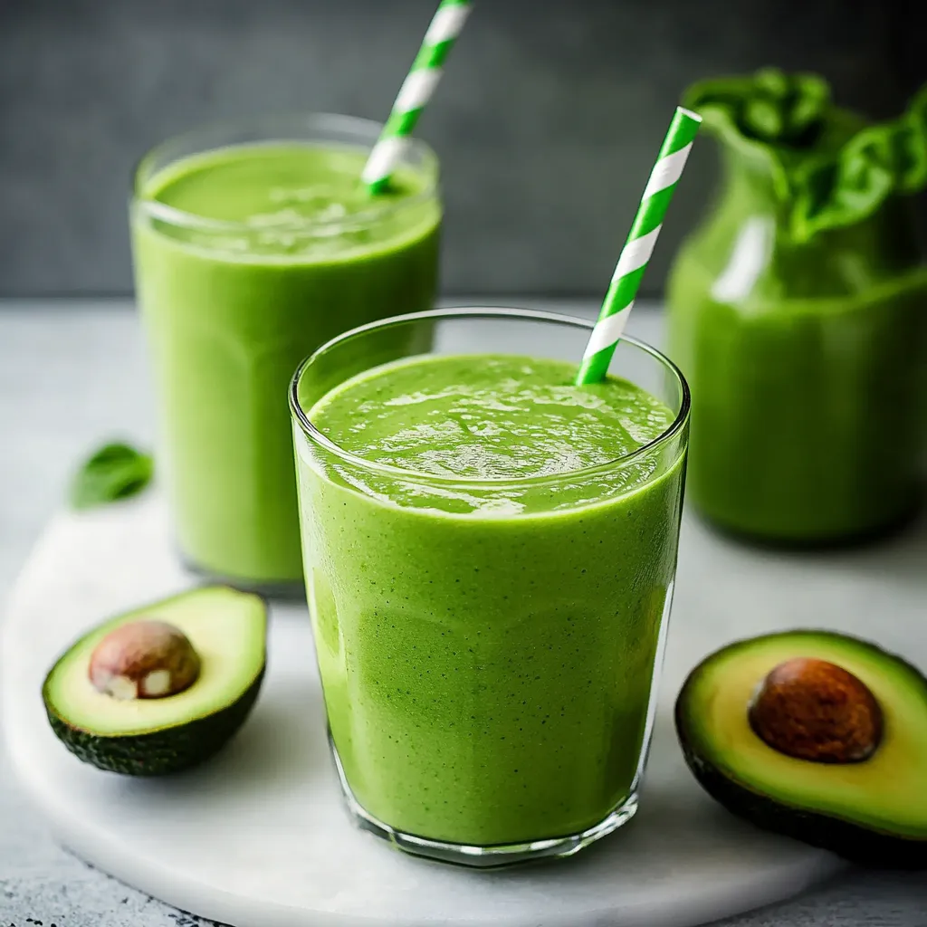 Zwei gläserne Becher mit grünem Smoothie, der mit einer Stange aus Pappe gedeckt ist.