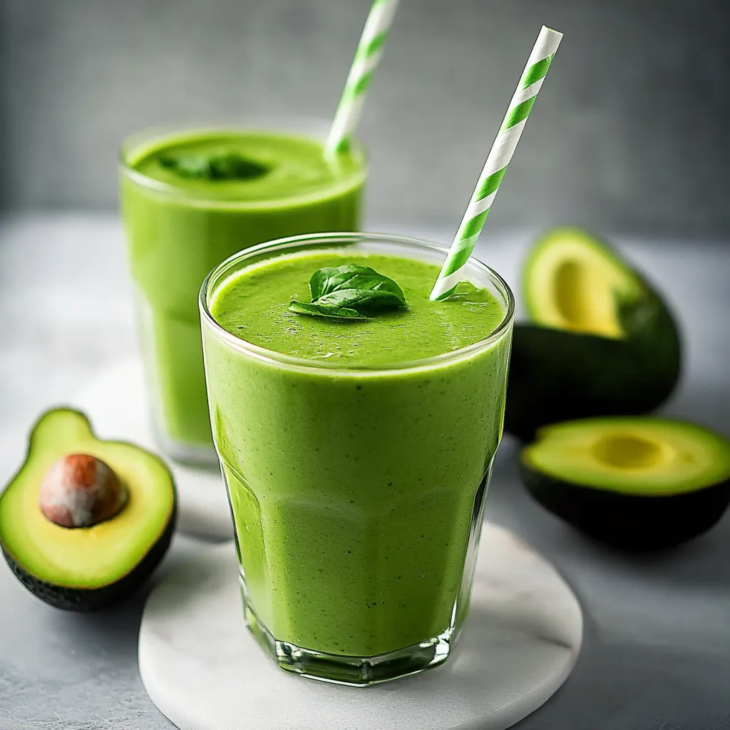 Zwei gläserne Becher mit grünem Smoothie, der mit Avocado und Spinach zubereitet wurde.