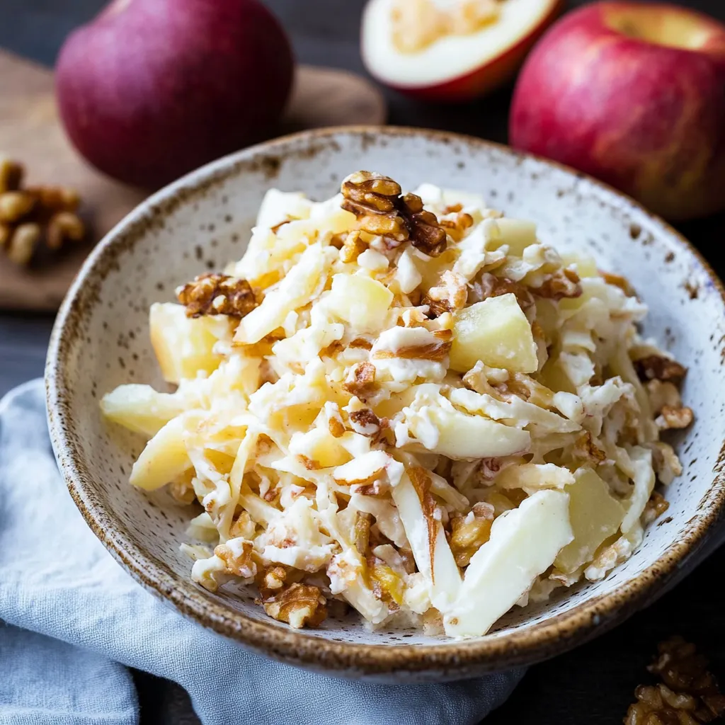 Ein großer, dicker, weißer Käsekuchen mit Nüssen und einer Schüssel voller frischer, saftiger Äpfel.