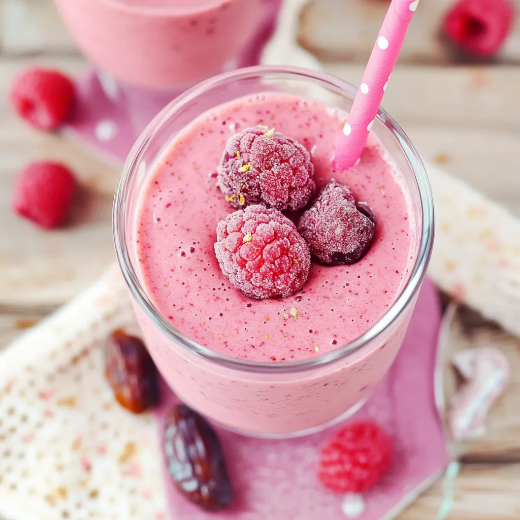 Ein Glas mit Raspberry-Smoothie, der mit einem Pink-Streusel-Streusel garniert ist.