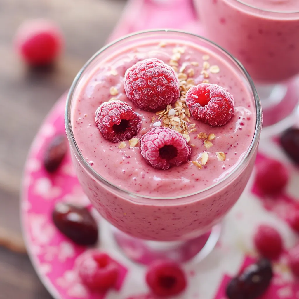 Ein Glas mit Raspberry-Lassi, der mit Raspberrys und Goldstaub garniert ist.