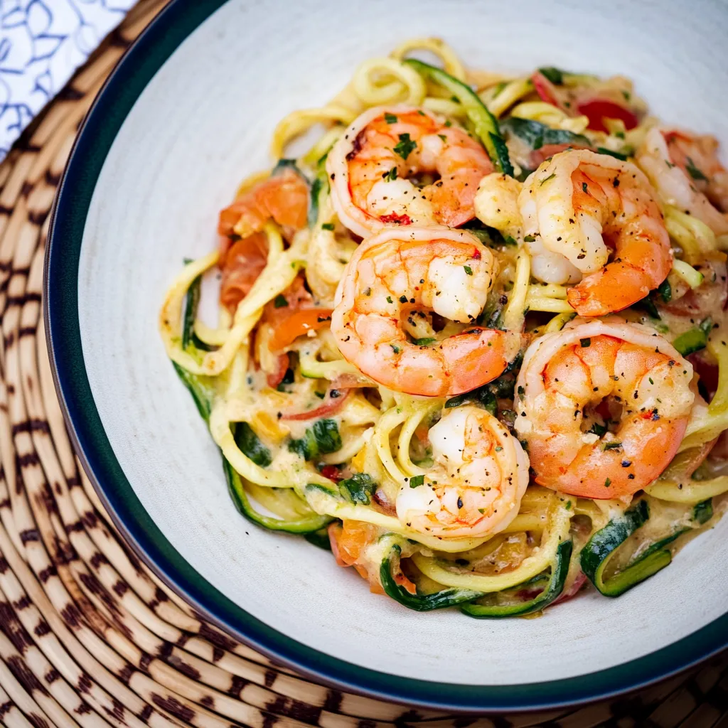 Ein weißer Teller mit einer Mischung aus Zucchini, Shrimp und Zwiebeln.
