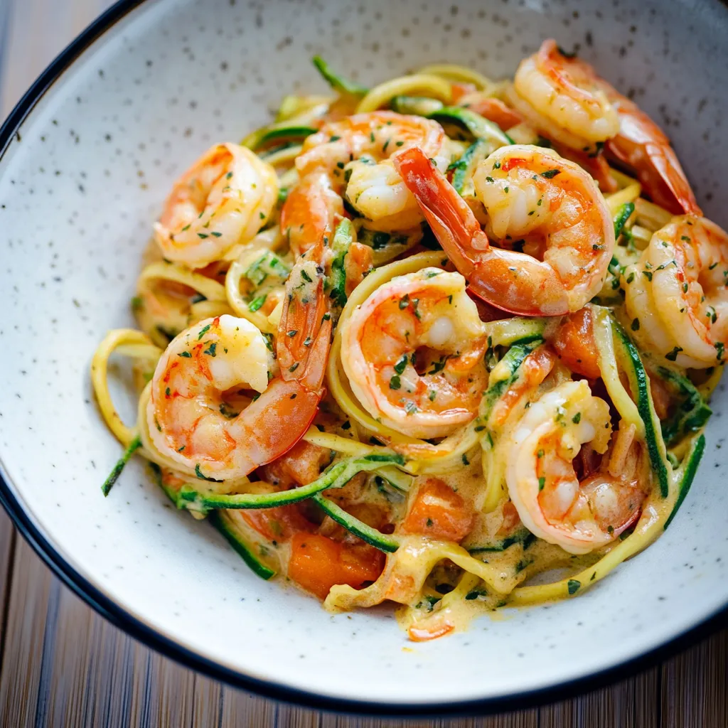 Ein weißer Teller mit einer Mischung aus Zucchini, Shrimp und Zwiebeln.