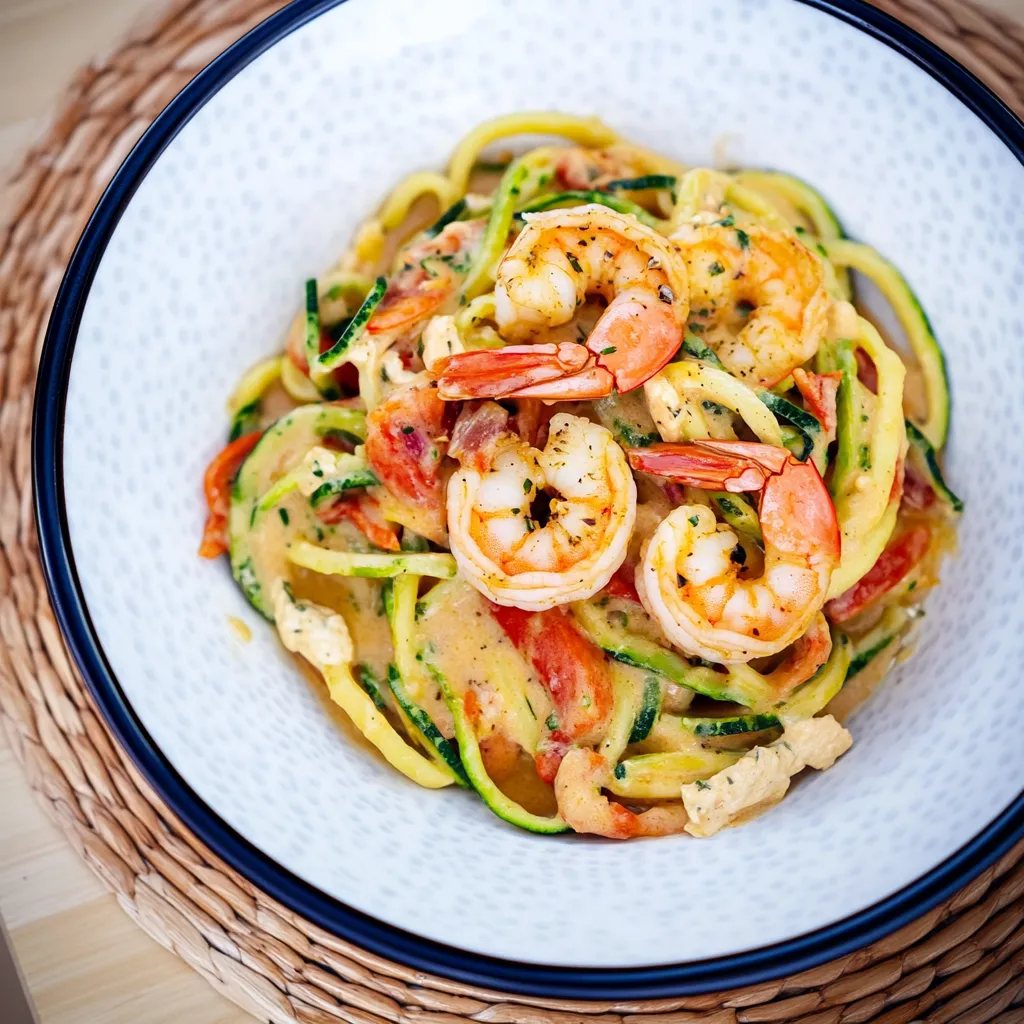 Ein weißer Teller mit einer Zucchini-Shrimp-Pasta-Gericht.