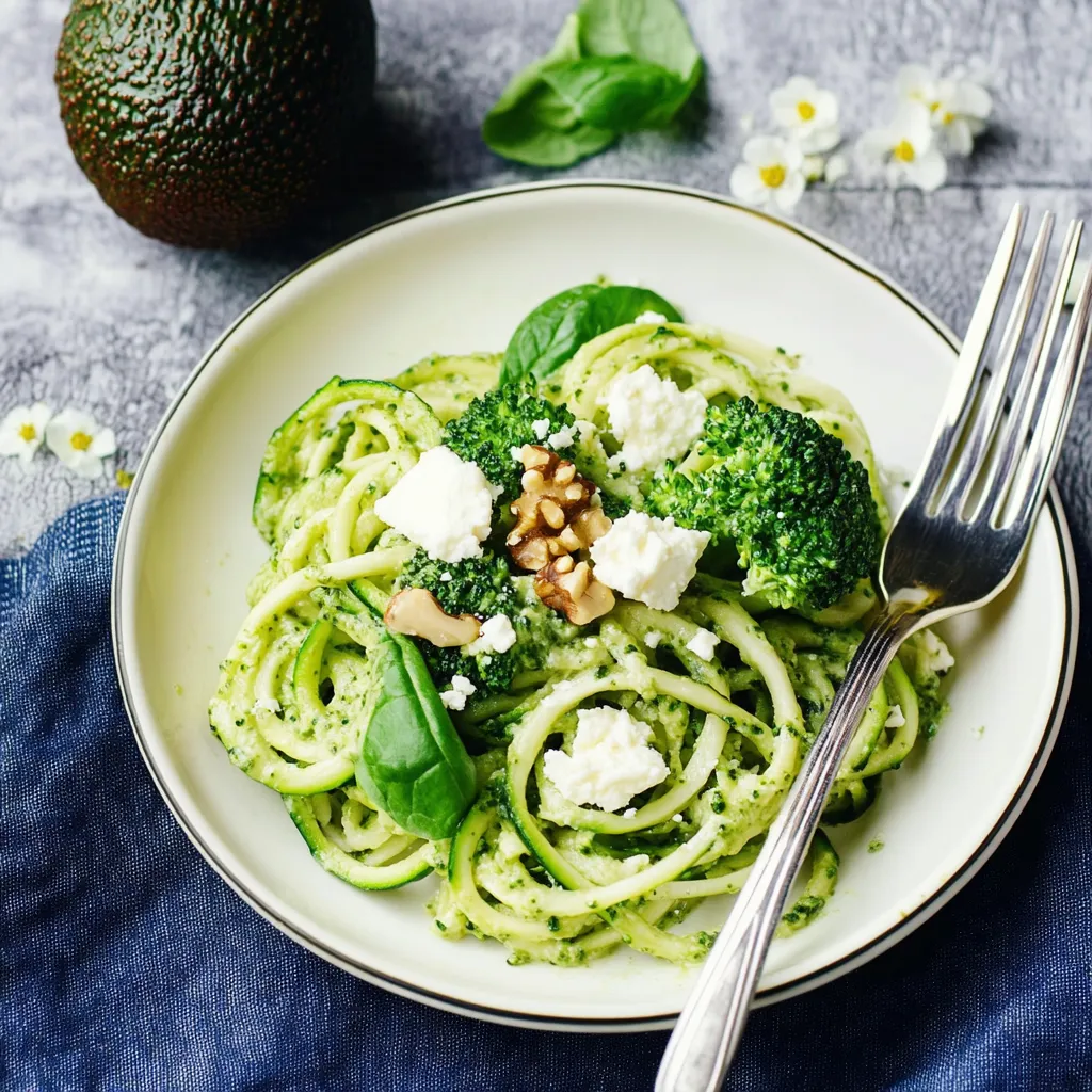Ein Plate mit Pasta, Broccoli und Avocado.