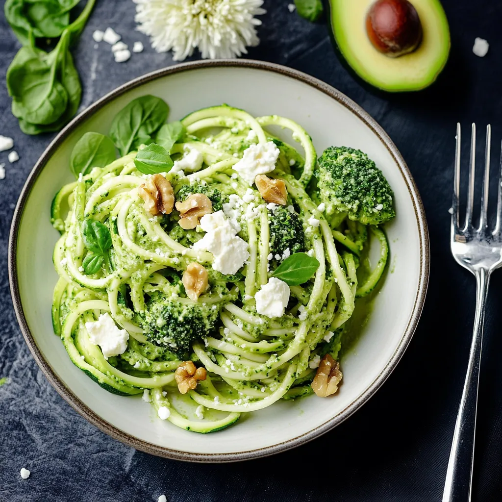 Ein Plate mit Zucchini-Nudels und Avocado-Knuseln.