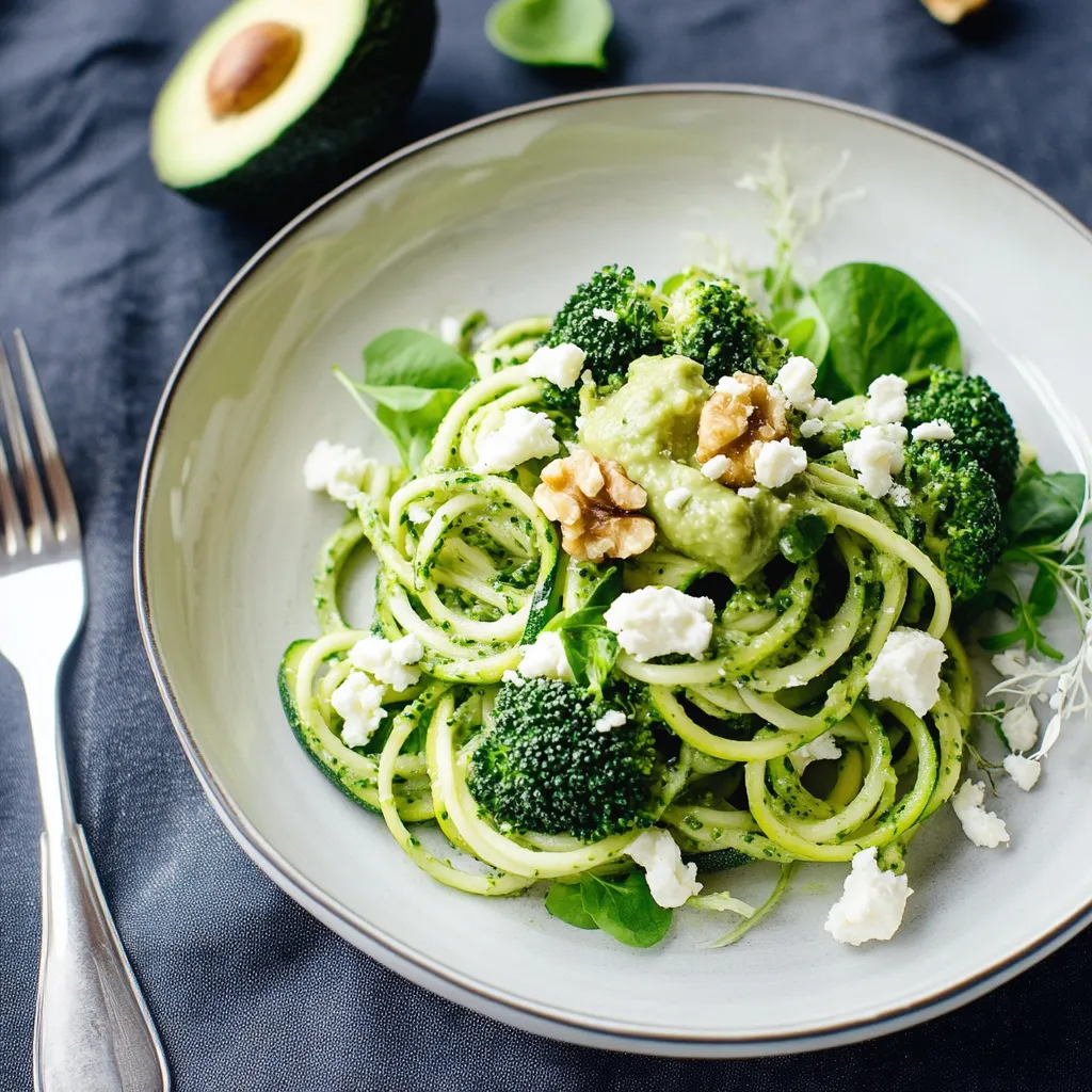 Ein Plate mit Zucchini, Broccoli, Avocado und Nüssen.