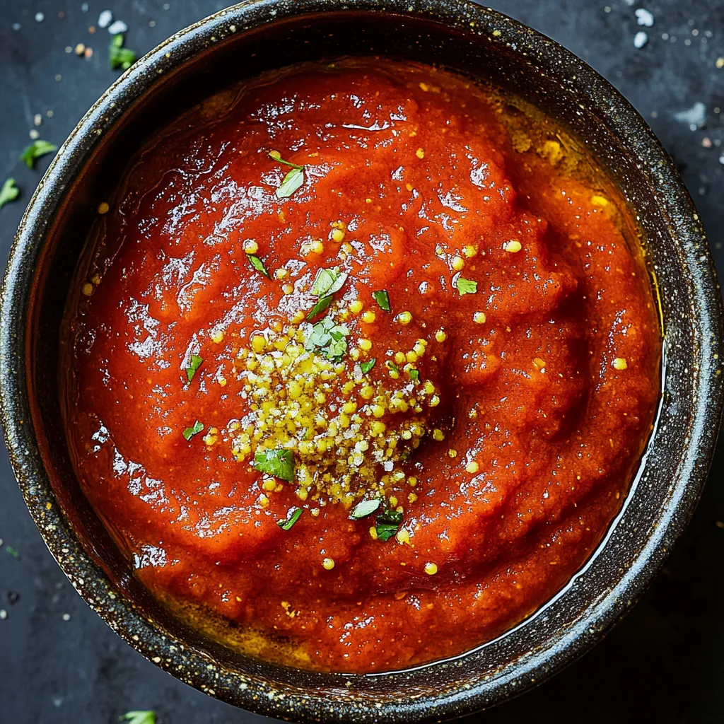 Ein Glas mit einer roten Sauce, die mit Sesamkörnern garniert ist.