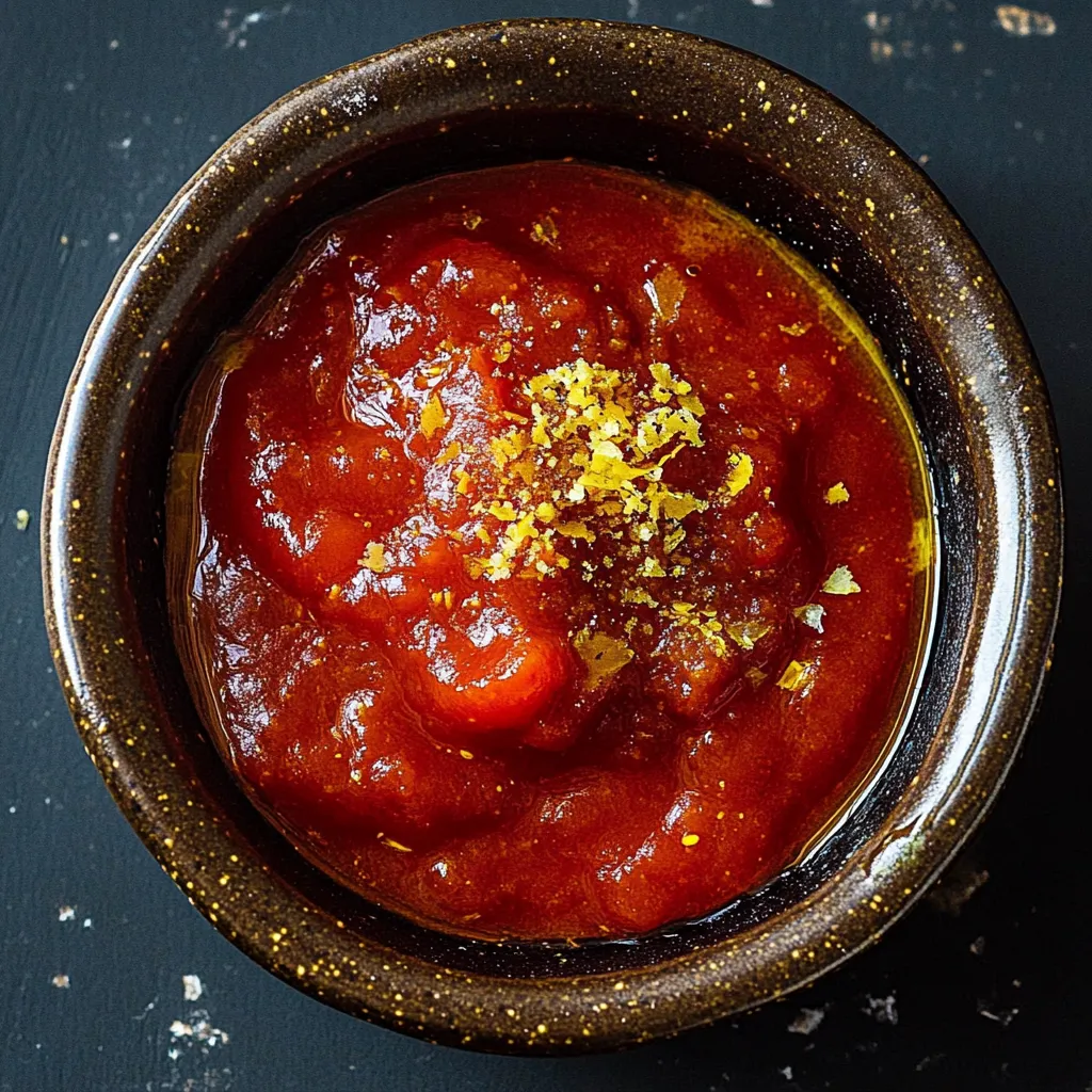 Ein Glas mit einer Sauce, die aus Tomaten, Zitronen und Paprika hergestellt wurde.