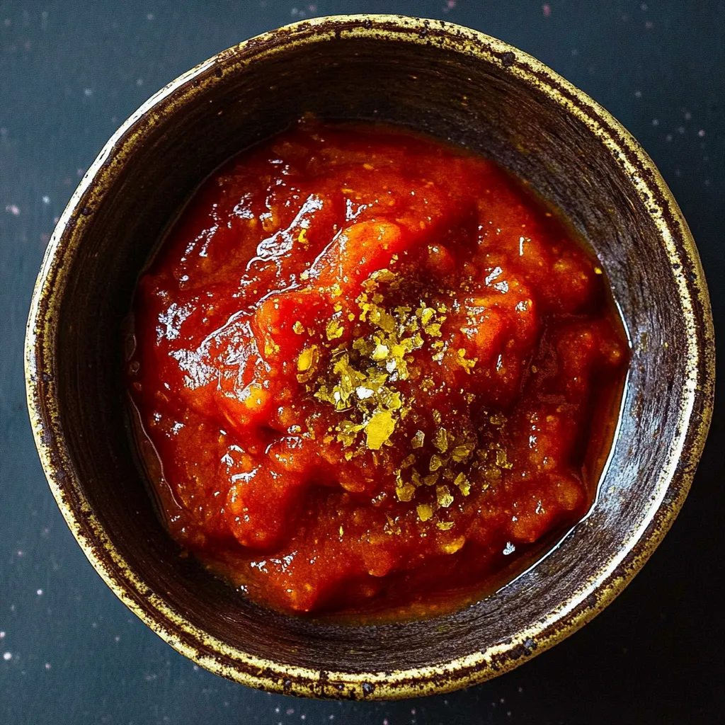 Ein kleiner Topf mit einer Sauce, die aus einer Mischung aus Tomaten, Paprika und Zwiebeln hergestellt wurde.
