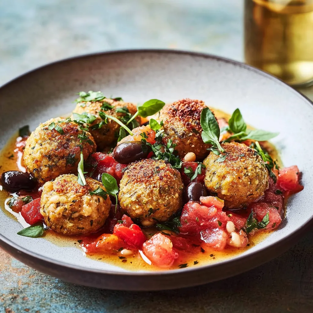 Ein Schüssel mit frisch zubereiteten Mehlballen, Tomaten, Basilikum und Oliven.