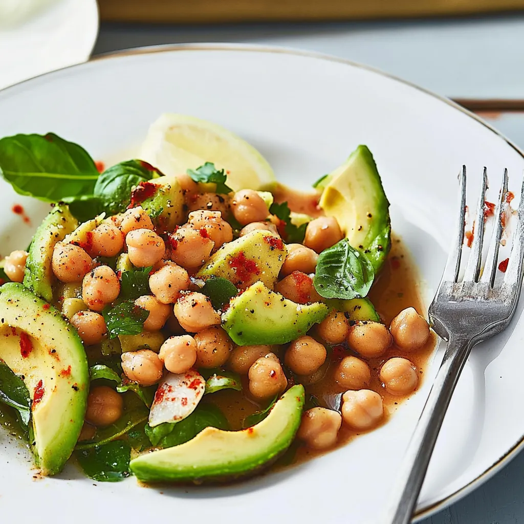 Ein weißer Teller mit einer Mischung aus Avocado, Chickpeas, Lime und Basilikum.