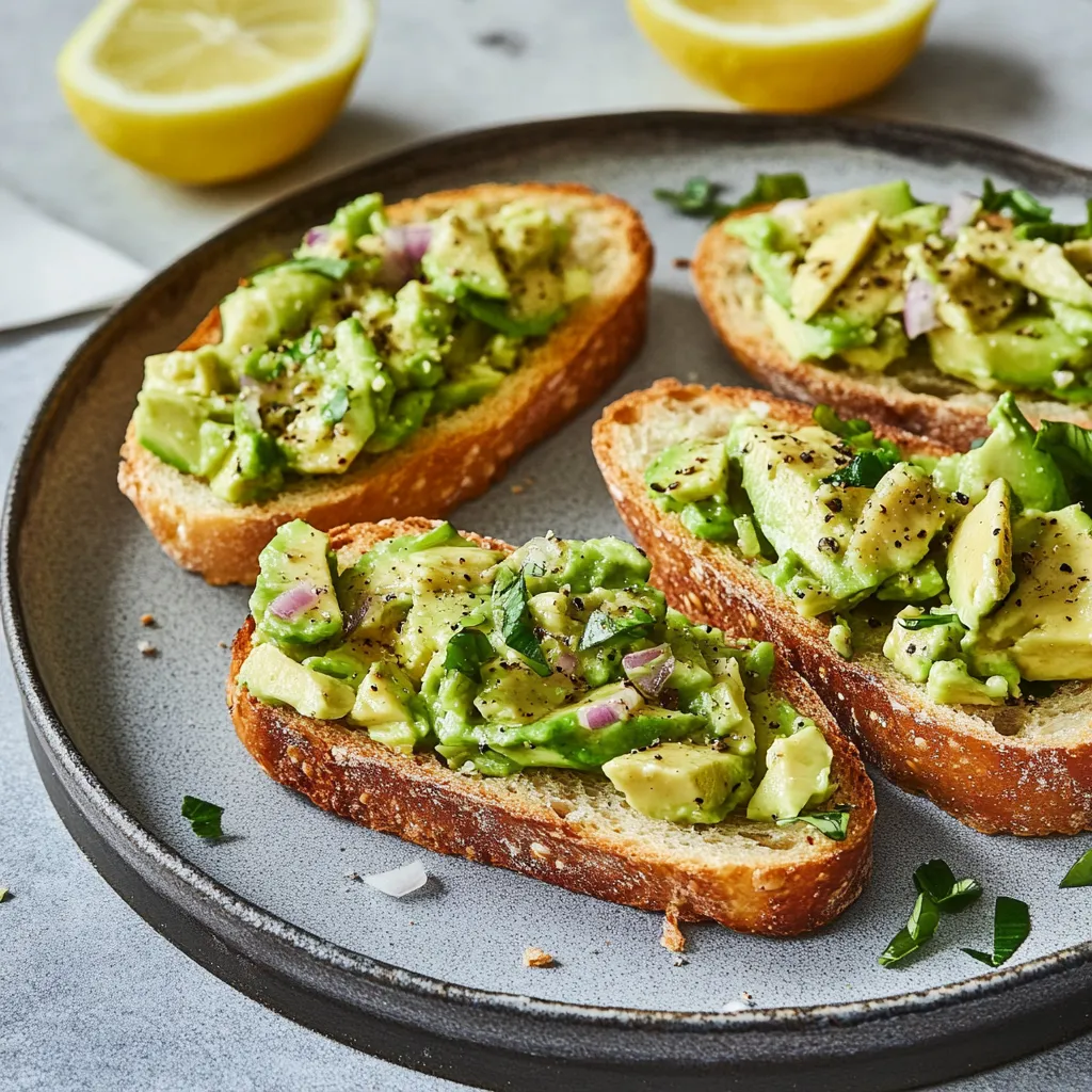 Eine Platte mit Avocado Toast auf zwei Scheiben Toast, die mit Avocado, Zwiebeln und Knoblauch garniert sind.
