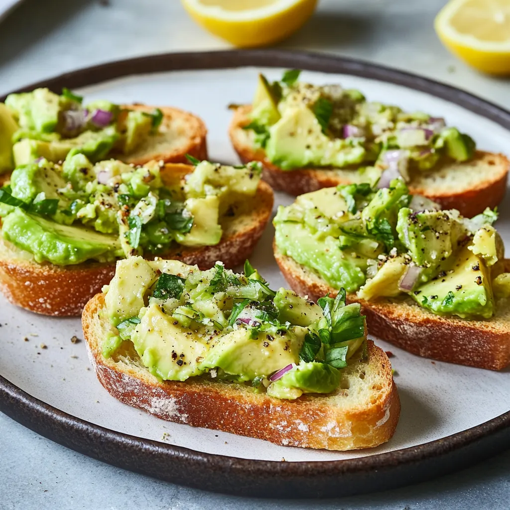 Eine Platte mit Toast, die mit Avocado und Kräutern garniert ist.