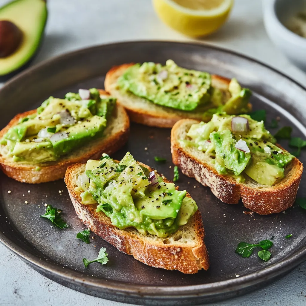 Eine Platte mit vier Toastbrotstücken, die mit Avocado und Zwiebeln garniert sind.