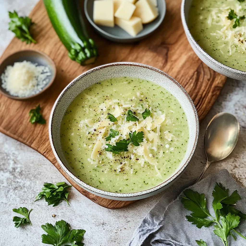 Eine Schüssel mit einer cremigen Suppe, die mit Parmesan und Zwiebeln garniert ist.